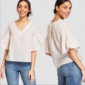 Striped Ruffle Sleeve Shine Blouse 1X